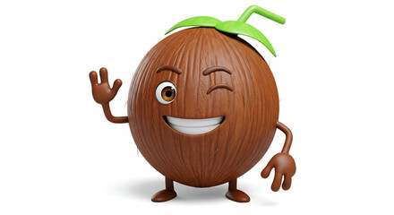 Funny Winking Coconut Character Waving Hello.