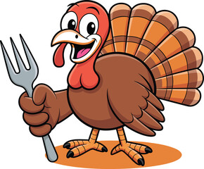 Funny cartoon turkey holding fork for Thanksgiving celebration, cheerful bird character illustration, holiday humor concept, festive poultry mascot artwork