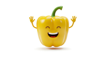Happy Yellow Bell Pepper Character with Arms Raised.