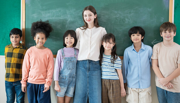 Smiling teacher and diverse group of children standing in front of chalkboard, raising their hands together in joy celebration. Back to school, education.