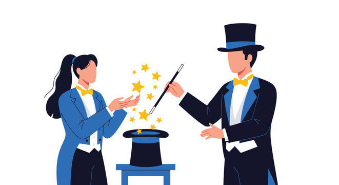 A male and female magician perform a dazzling magic trick with a top hat, a wand, and sparkling golden stars.