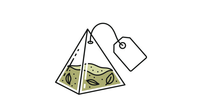 A minimalist illustration of a pyramid tea bag filled with green tea leaves, string, and tag, isolated on white, suggesting a healthy brew.