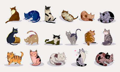 Fototapeta premium Set of cartoon cats in different poses hand drawn vector illustration. Isolated on white background.