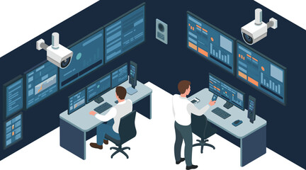 Isometric illustration of modern security operations center with analysts monitoring multiple screens, cybersecurity data, and surveillance camera control systems, professional workplace