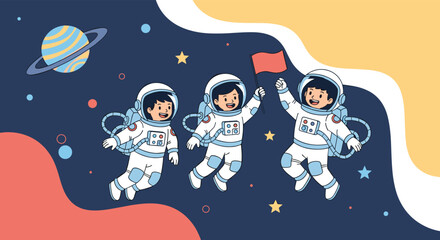 Fototapeta premium Three happy young astronauts float in outer space, one proudly holding a red flag, surrounded by stars and a ringed planet, embodying discovery and adventure.