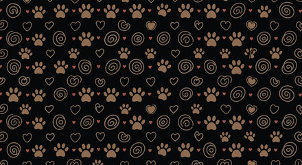 Cute animal paw print and heart pattern with decorative swirls and dots in brown and red on a black background.