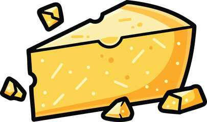 Yellow Wedge of Cheese with Crumbles and Holes Against White Background Simple Cartoon Style
