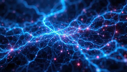Stunning blue and pink neuron network for science or technology design, abstract neural connections for AI, medicine, and innovative research projects