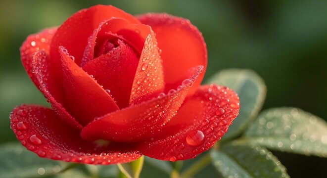 Close-up of a vibrant red rose with water droplets, blooming beautifully. - Powered by Adobe