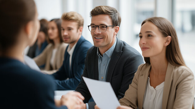 Interview Confidence: A professional interview scenario, where individuals in suits and blazers engage in a focused discussion, projecting an air of confidence and poise.