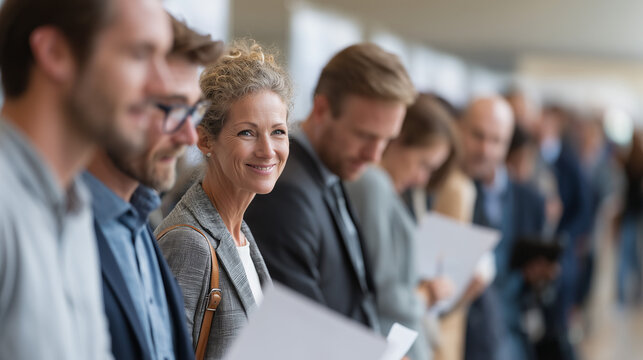 Waiting with Hope: A diverse group stands in a line, each lost in thought, the anticipation palpable as they wait.
