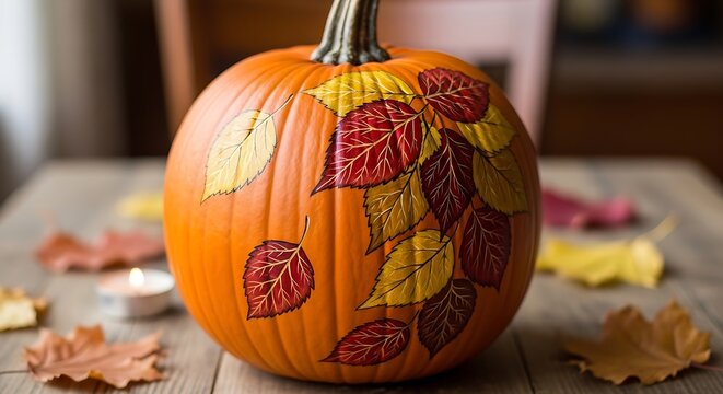 Painted Pumpkin with Autumn Leaves Decoration on Wooden Table.