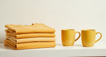 Stack of yellow towels with two matching mugs on a white surface.