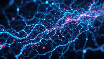 Stunning neural network visualization with vibrant blue and red nodes, perfect for technology, AI, or scientific presentations and modern designs