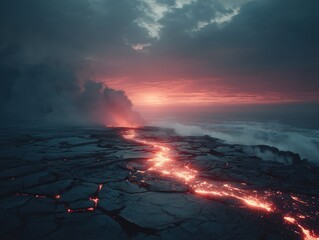 Fototapeta premium Volcanic Landscape with Glowing Lava in Crater and Dramatic Red-Orange Sky for Sci-Fi Background