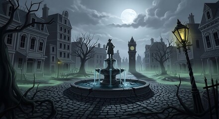 Spooky Moonlit Town Square with Fountain and Eerie Buildings.