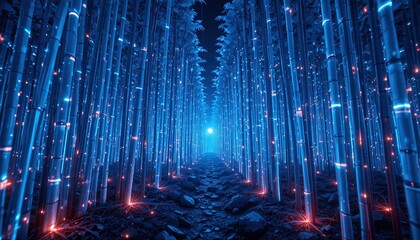 Enchanting neon bamboo forest path beckons with ethereal glow, perfect for fantasy, nature, or technology themes - discover captivating beauty today