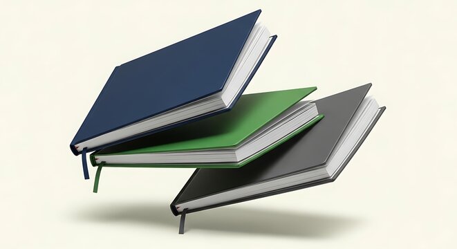 Stack of colorful notebooks on a white background.