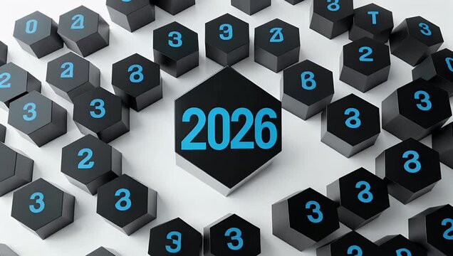 Smooth 4K animated video showing black cubes bright blue numbers transitioning 2026 clean white background symbolizing start new year modern technology futuristic holiday es