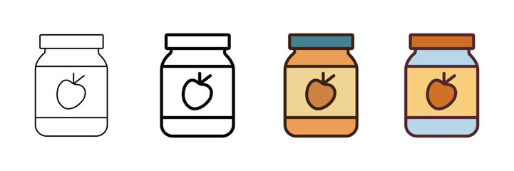 Set of minimalist apple jam icons with transparent background, depicting fruit preserves for breakfast spreads, snack packaging, store products, and kitchen graphics, vector illustration