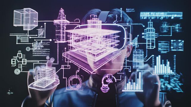 Young man immerses himself in futuristic world, surrounded by high tech equipment, as he uses virtual reality device with advanced headset, perfectly capturing innovation, modernity.