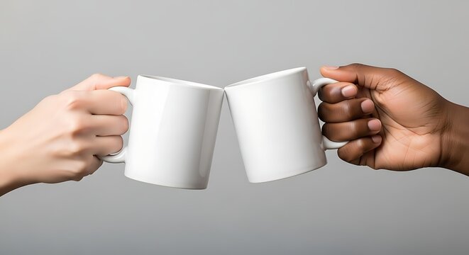 Two hands of different skin tones clinking white coffee mugs.