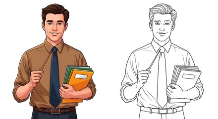 Professional male teacher or expert holding books and pointer stick, isolated illustration