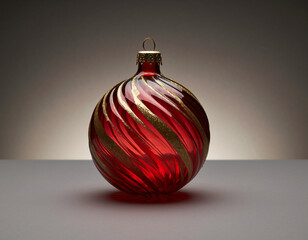 Red christmas ornament with gold swirl design sits on reflective surface, casting soft shadows in festive holiday scene.