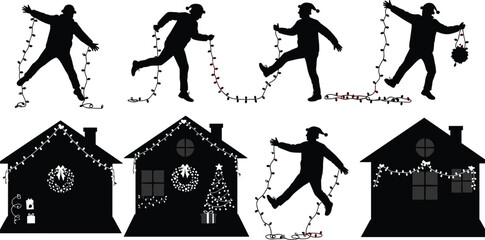 Christmas, lights, decoration, silhouette, house, person, Santa, wreath, tree, festive, holiday, jump, black, icon, winter, string, joy, celebration, ornament, cheerful