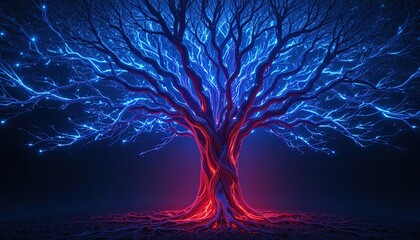 Striking glowing tree of life with vibrant blue and red light on dark background for a powerful symbolic concept and futuristic design element