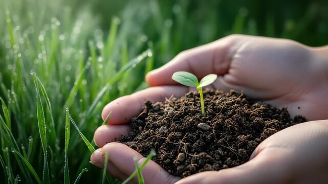 Hands holding soil with a small plant growing in it, nature concept.