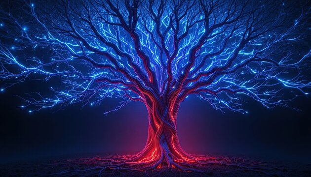 Striking glowing tree of life with vibrant blue and red light on dark background for a powerful symbolic concept and futuristic design element