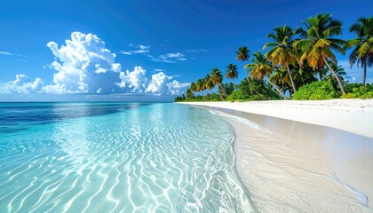 Serene Tropical Beach Paradise With Hammock Between Palm Trees Overlooking Crystal Clear Turquoise Ocean Waters Under a Bright Blue Sky With Fluffy White Clouds