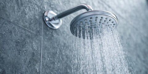 Fresh shower behind wet glass window with water drops splashing. Water running from shower head and faucet in modern bathroom. with glasses 