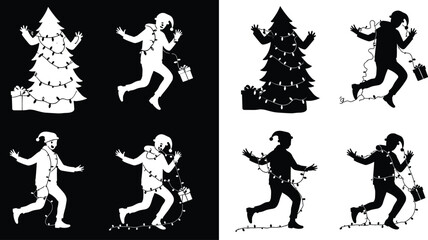Christmas, lights, silhouette, person, tree, gift, run, walk, tangled, festive, holiday, black, icon, winter, decoration, humor, string, celebration, playful, scene