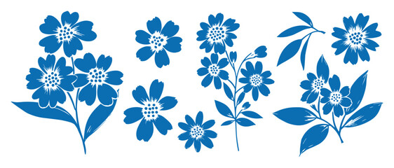 Fototapeta premium Blue floral branch set with blooming spring flowers and leaves, elegant botanical design elements collection