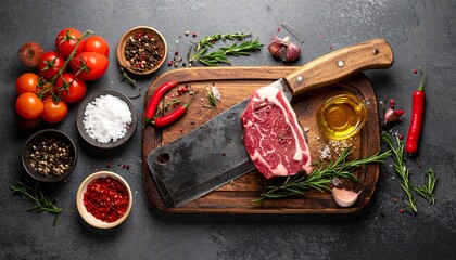 Fresh Raw Steak with Herbs and Spices.