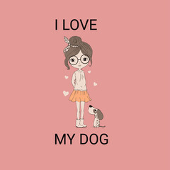 free vector cute girl and dog t-shirt design.