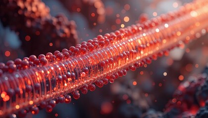 Stunning macro view of a vibrant red organic structure with glowing particles, showcasing cellular biology or nanotechnology breakthroughs in vivid detail