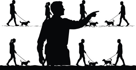 ilhouette, dog walking, people, pets, leash, outdoor, black and white, pointing, guidance, urban, motion, group, canine, training, park, walking, teamwork, direction, animal, lifestyle