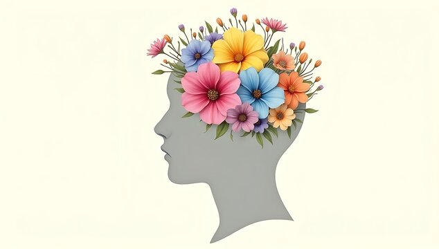 A human head silhouette with colorful flowers growing from the top, symbolizing positive thinking and mindfulness.
