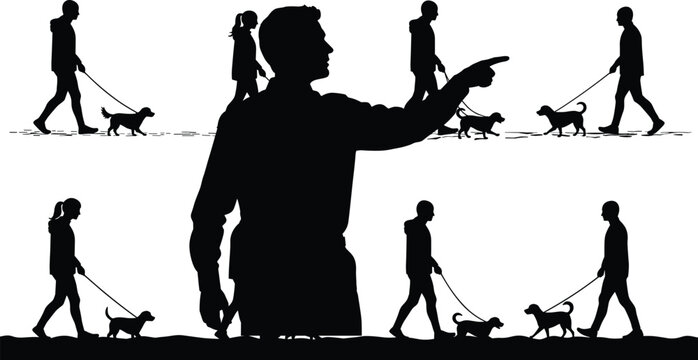 ilhouette, dog walking, people, pets, leash, outdoor, black and white, pointing, guidance, urban, motion, group, canine, training, park, walking, teamwork, direction, animal, lifestyle