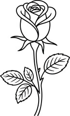 Single black line art rose flower with leaves on white background