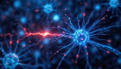 Dynamic neural network conveys advanced technology, medical research, and scientific discovery with vibrant blue and red energy, perfect for innovative concepts