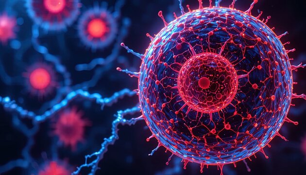 Dramatic close-up of vibrant virus cells for cutting-edge research presentations and medical visualizations, bringing a modern scientific edge - Powered by Adobe