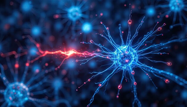 Dynamic neural network conveys advanced technology, medical research, and scientific discovery with vibrant blue and red energy, perfect for innovative concepts