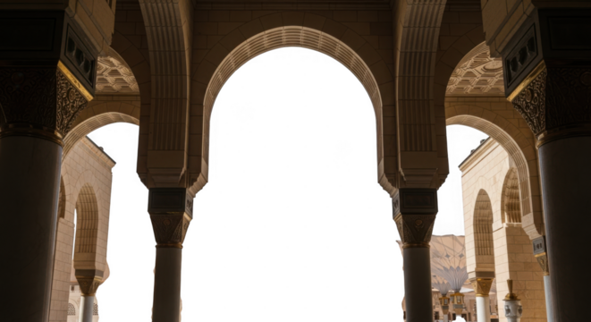 Architectural arches with ornate designs in a historic building interior isolated on transparent background