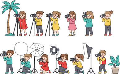Naklejka premium Children photography activity, cartoon kids with cameras, studio setup, outdoor shoot, tripod, lighting gear, flat vector illustration, creative learning