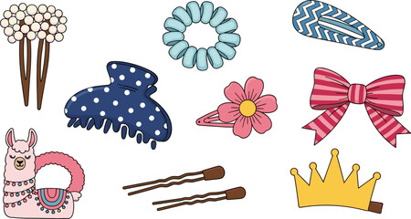 Hair accessories collection, cartoon style, scrunchie, bow, crown, hairpins, llama decor, flat vector illustration,  © PORI 