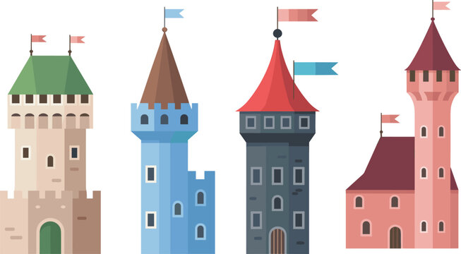 Medieval castle towers, cartoon fortress design, fantasy architecture, stone buildings, flags, turrets, flat vector illustration, fairytale structure, historical theme
